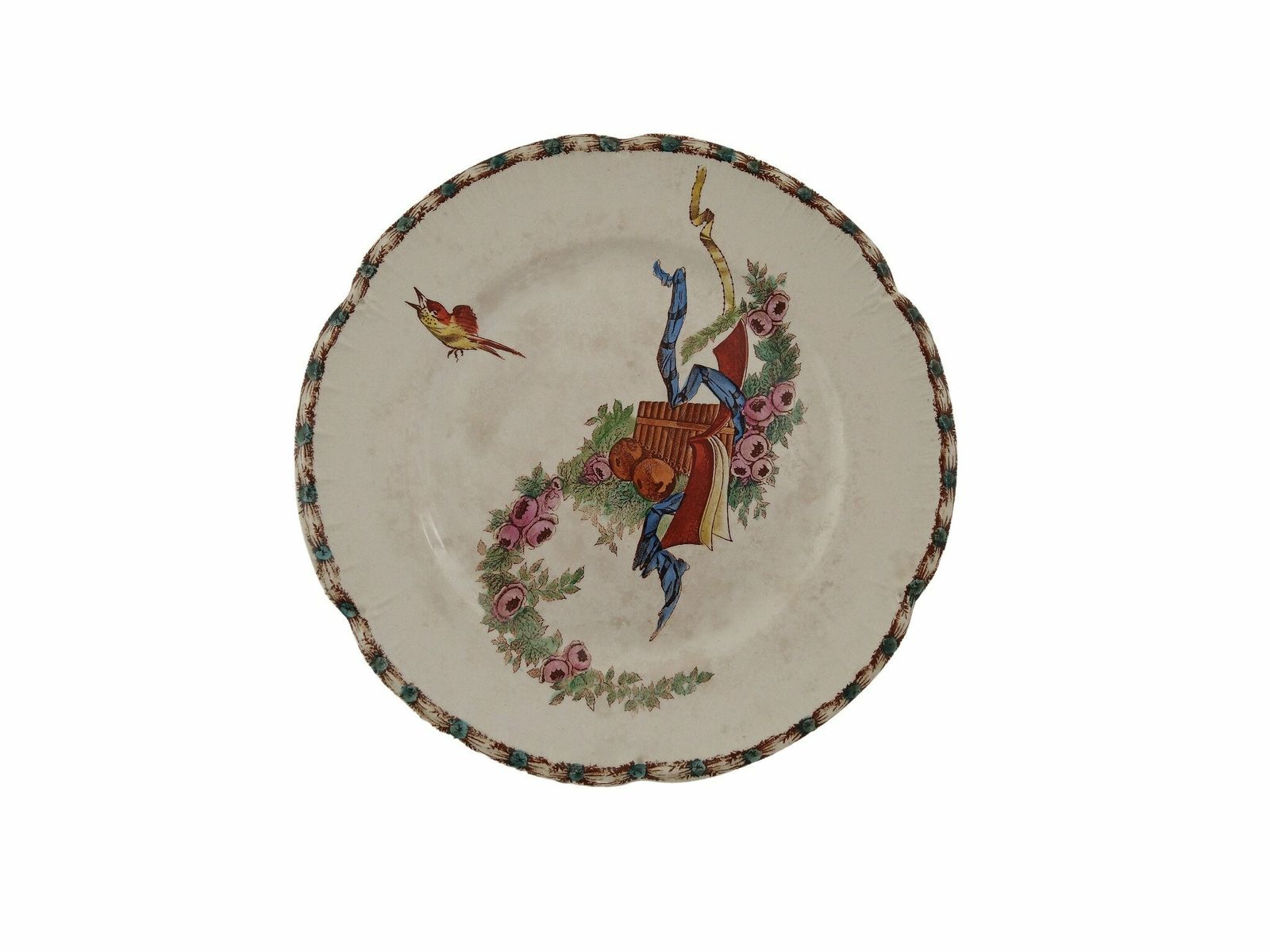 Antique French Transferware Cake Stand And Macaron Plate With Birds And Roses, Choisy Le Roi Ironstone Pedestal Compote Dish photo for sale