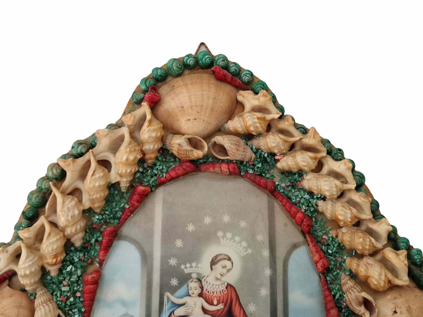 Mid Century Seashell Art Frame With Our Lady Of The Rosary, Vintage Mary And Jesus Portrait Art, Lady Of Pompeii Religious Souvenir. photo 111.0