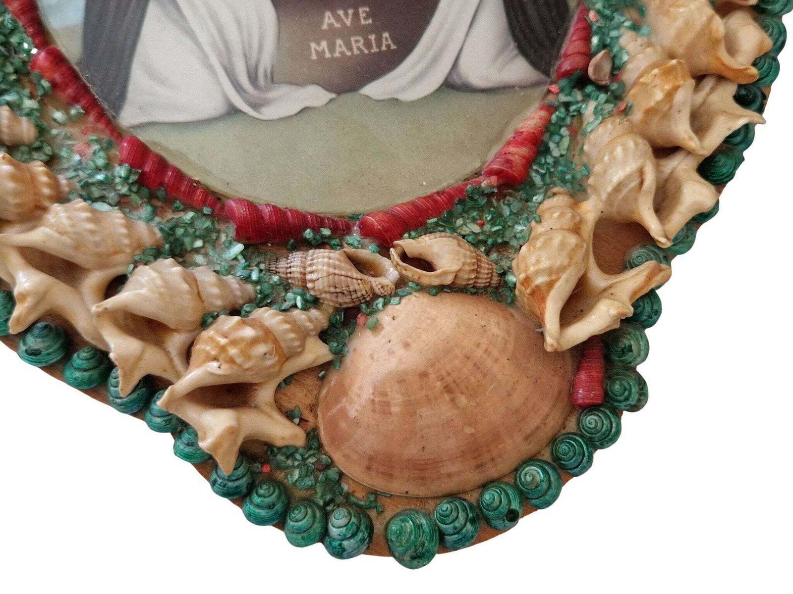 Mid Century Seashell Art Frame With Our Lady Of The Rosary, Vintage Mary And Jesus Portrait Art, Lady Of Pompeii Religious Souvenir. photo buy