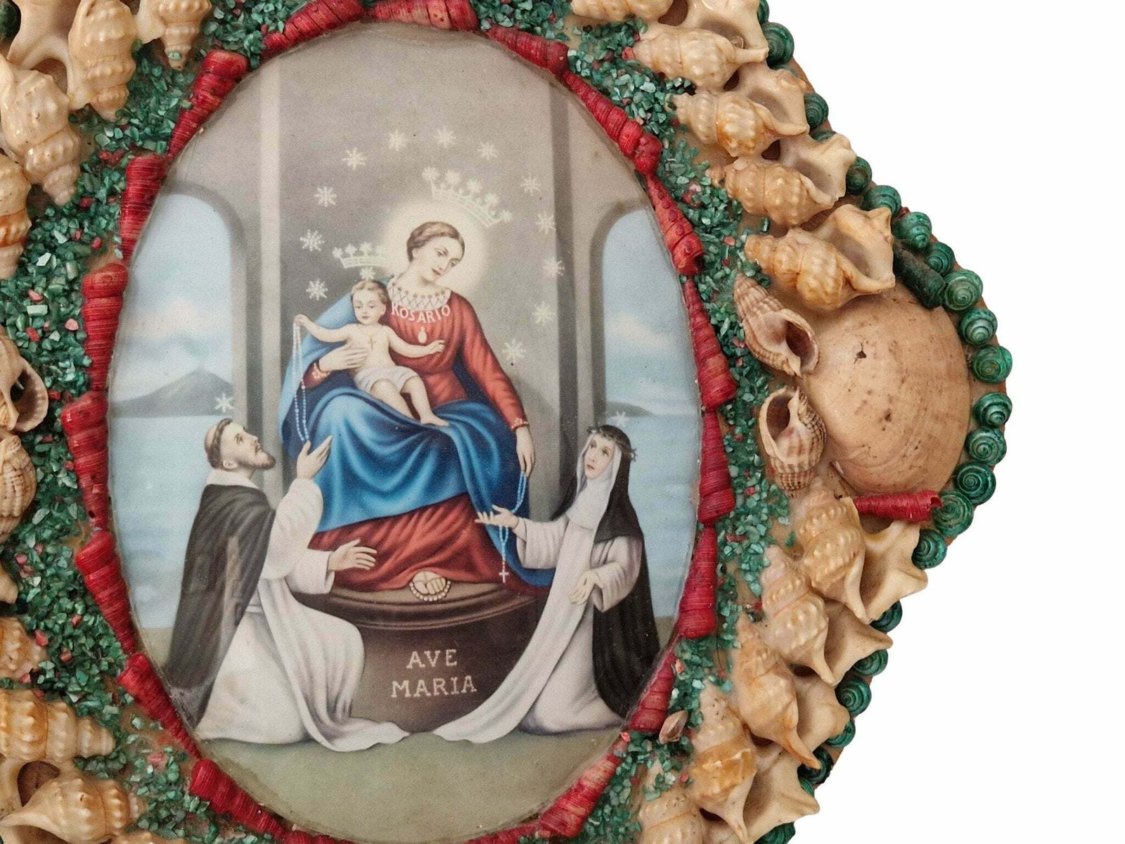 photo furniture Mid Century Seashell Art Frame With Our Lady Of The Rosary, Vintage Mary And Jesus Portrait Art, Lady Of Pompeii Religious Souvenir.
