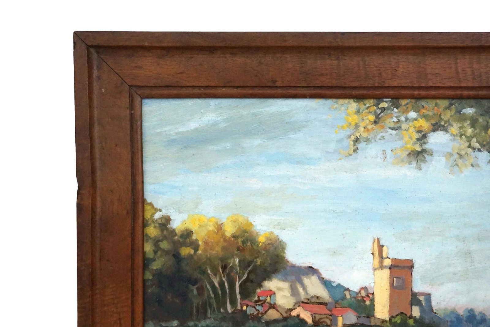 French River Landscape Painting With Tower And Fortress, Original Signed Art photo for sale