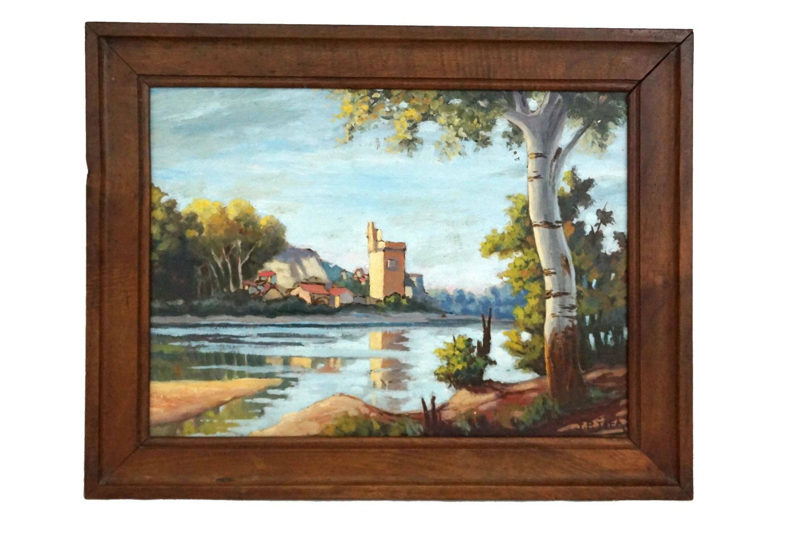 photo furniture French River Landscape Painting With Tower And Fortress, Original Signed Art