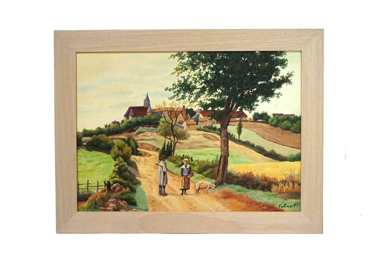 Frans Landschapsschilderij Met Dorpsgezicht En Man En Vrouw Met Varken, Rustiek Tafereel