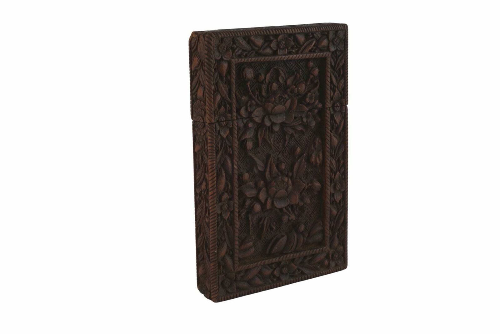 Antique Chinese Hand Carved Sandalwood Calling Card Case With Flowers, Victorian Wooden Box photo vintage