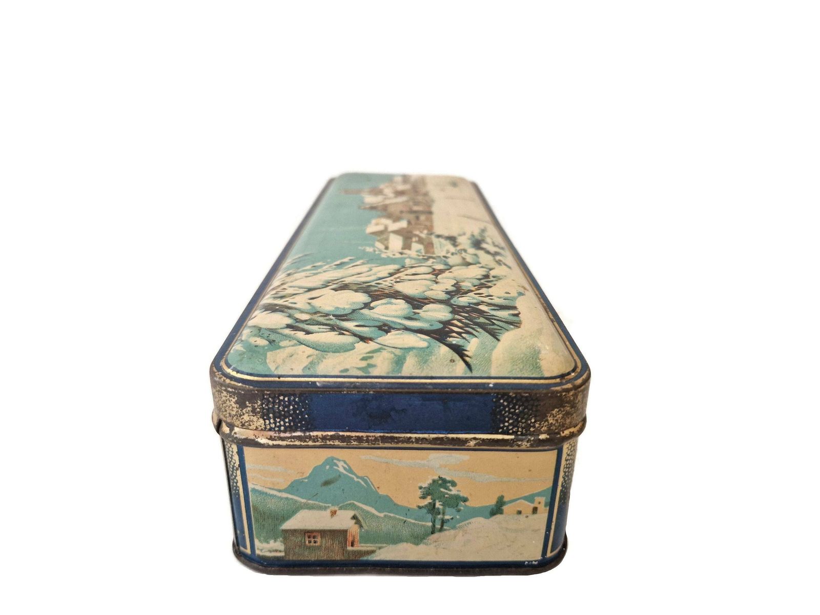 French Tin Candy Box With Snowy Winter Scene And Village In Country Landscape photo vinterior