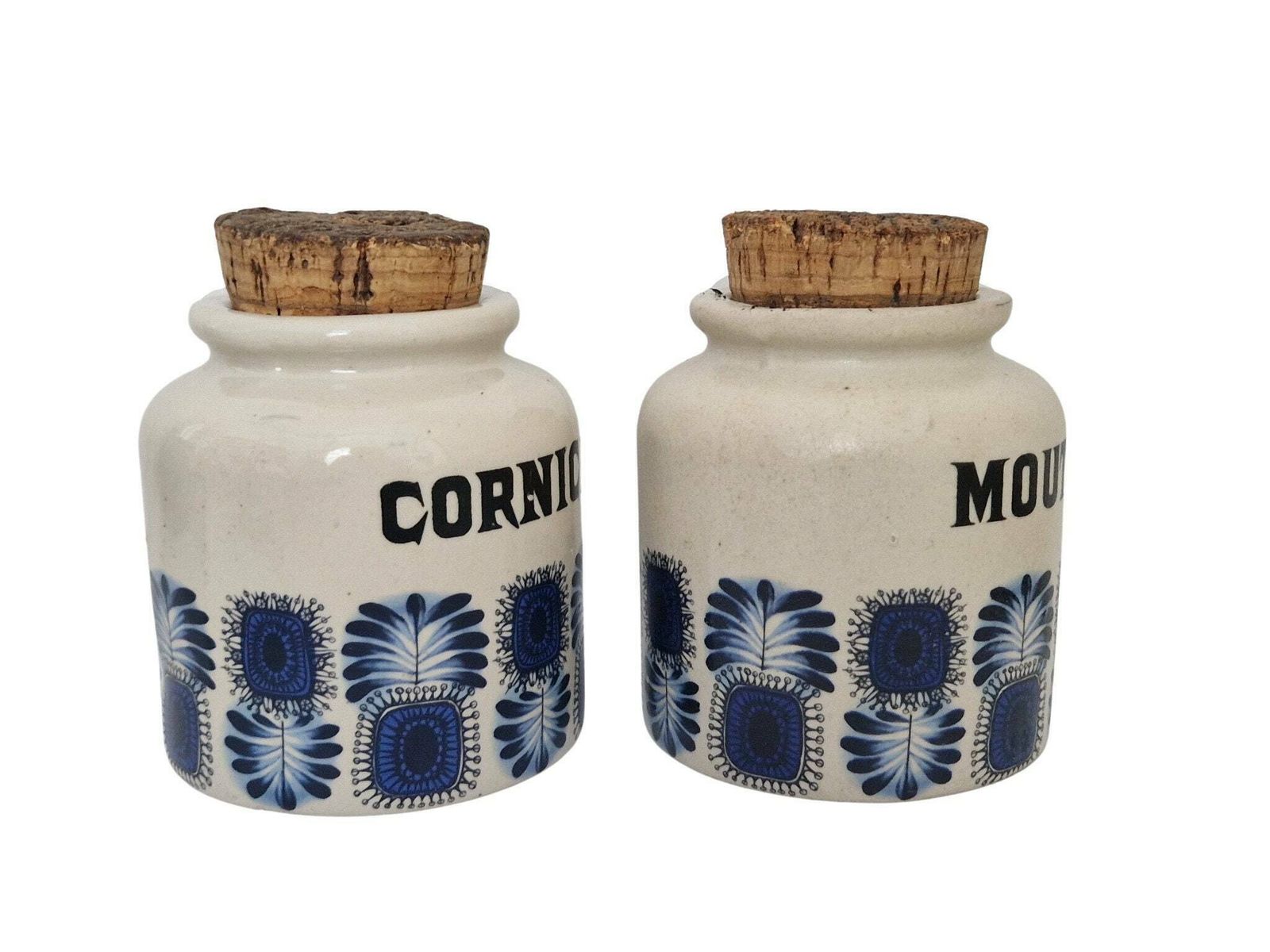 1970s Pottery Kitchen Crock Jar Set With Scandinavian Style Blue Leaf By Lml In Palma Pattern, French Mustard & Pickle Stoneware Canisters photo furniture