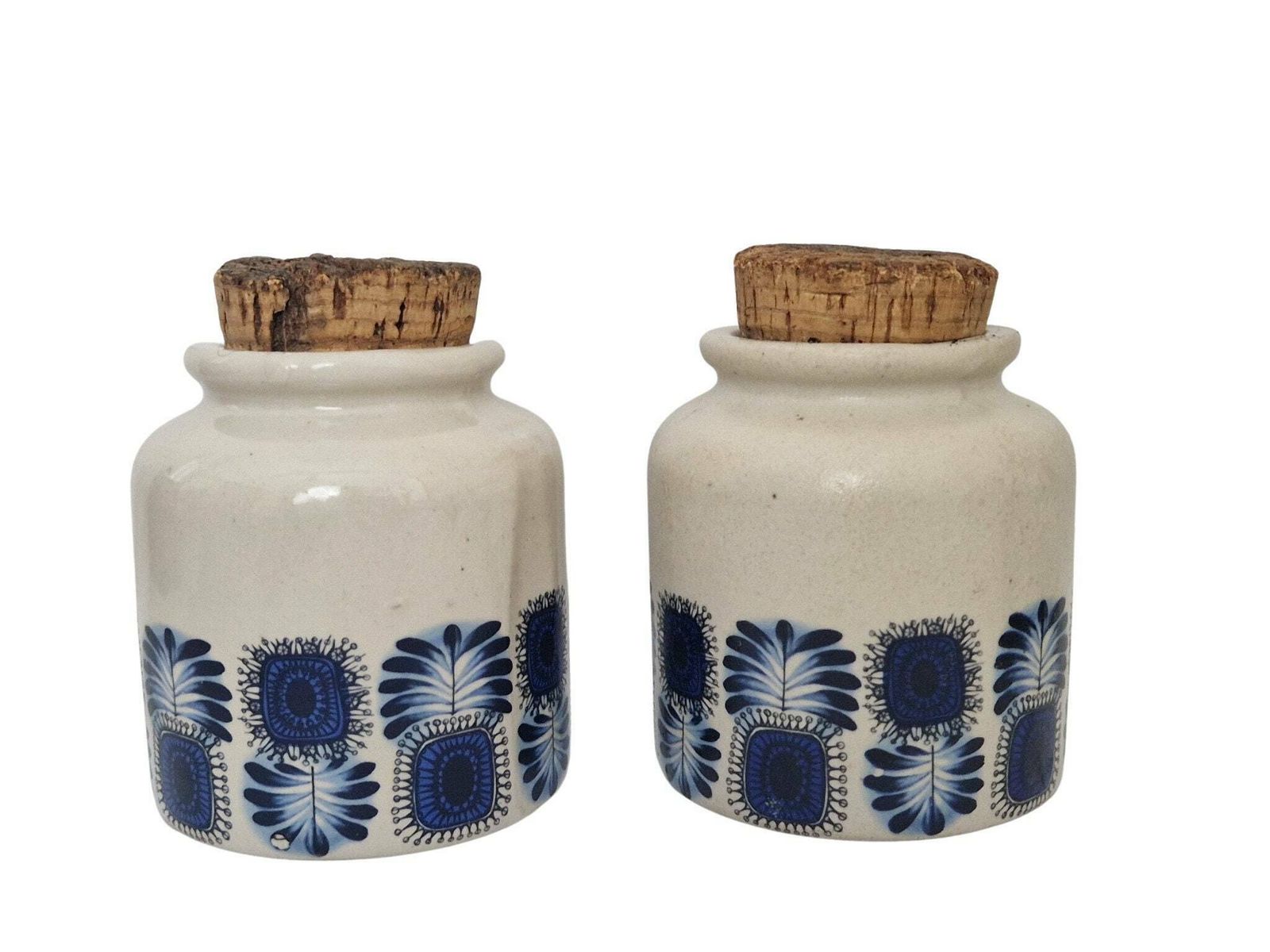 1970s Pottery Kitchen Crock Jar Set With Scandinavian Style Blue Leaf By Lml In Palma Pattern, French Mustard & Pickle Stoneware Canisters photo for sale