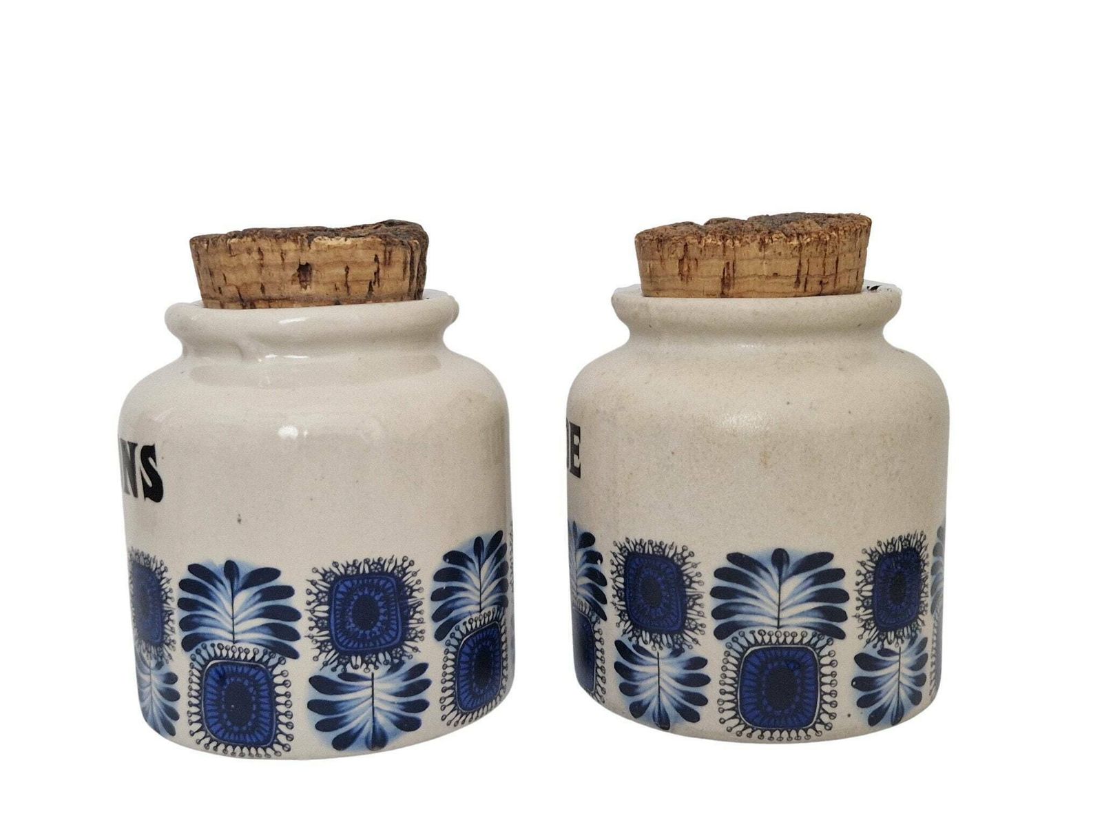 1970s Pottery Kitchen Crock Jar Set With Scandinavian Style Blue Leaf By Lml In Palma Pattern, French Mustard & Pickle Stoneware Canisters photo Home Decor