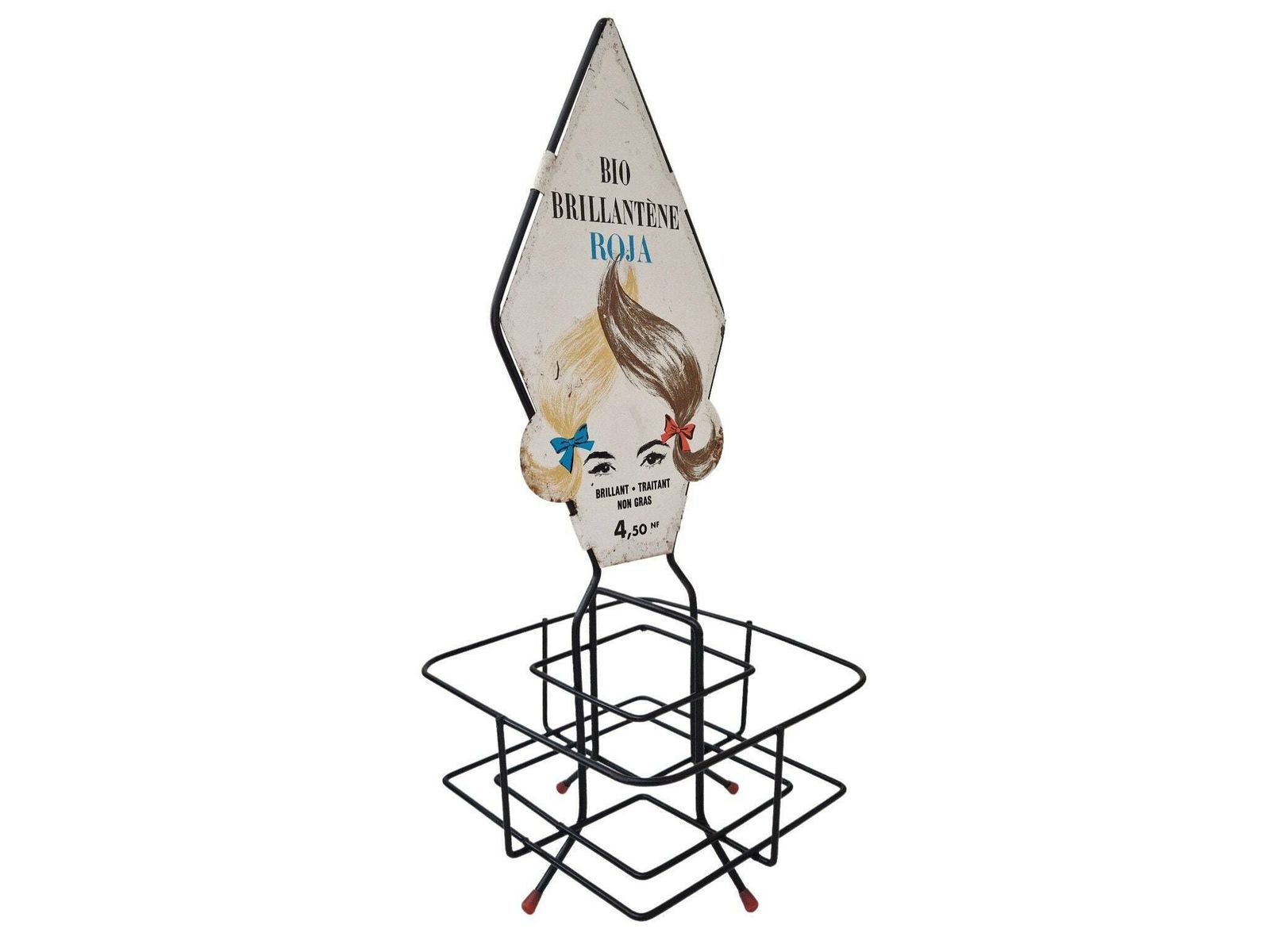 1960s Hairdresser Advertising Display Stand & Cosmetics Caddy, French Mid Century Bio Brillantene Roja Sign photo furniture