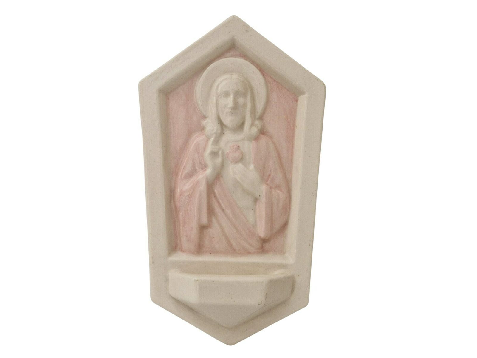 Art Deco Desvres Holy Water Font, Sacred Heart Of Jesus Wall Pocket By Gabriel Fourmaintraux