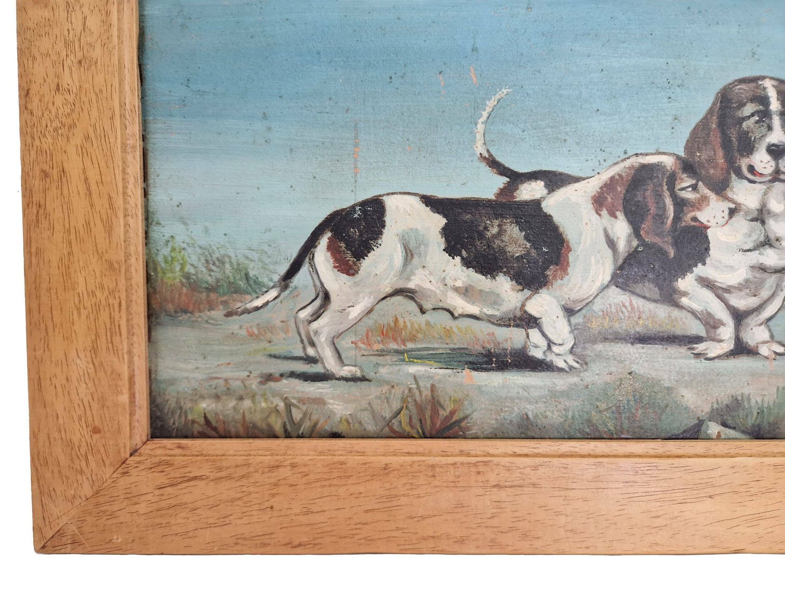 Basset Dogs Portrait Painting, Original Framed Animal Wall Art photo vintage