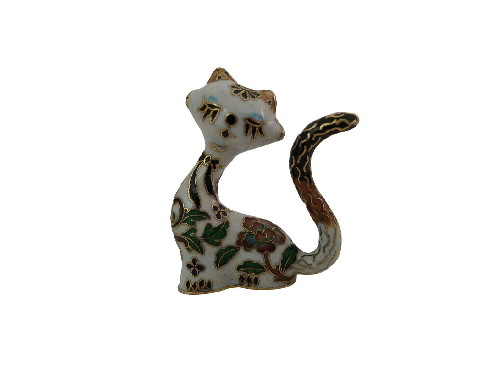 Vintage Chinese Cloisonne Cat Figurine, Collectible Enamel Brass Animal Figure photo furniture