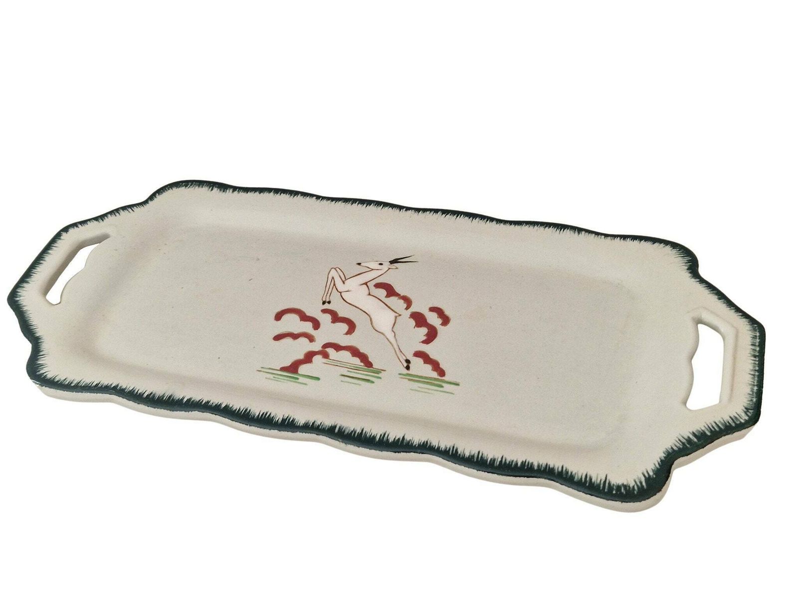 Art Deco Celadon Ceramic Cake Platter By Longwy With Hand Painted Enamel Gazelle, French Faience Snack Tray photo for sale