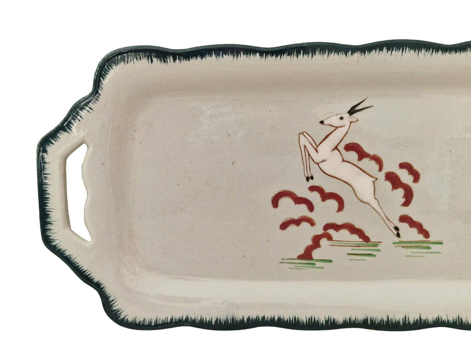 Art Deco Celadon Ceramic Cake Platter By Longwy With Hand Painted Enamel Gazelle, French Faience Snack Tray photo vinterior
