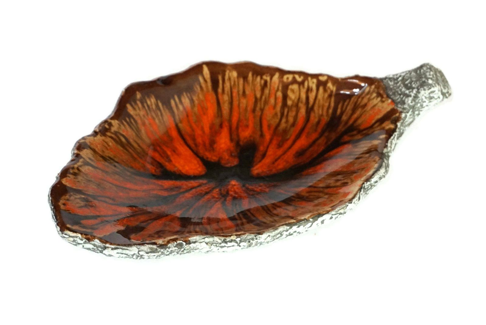 1950s French Pottery Leaf Coin Dish, Mid Century Modern Ceramic Fat Lava Glaze photo Home Decor