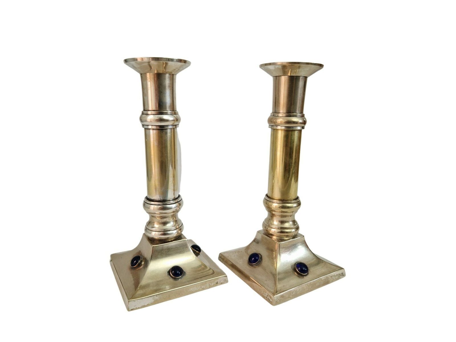 French Brass And Silver Plate Candle Holder Pair With Sapphire Blue Glass Cabochons photo vinterior