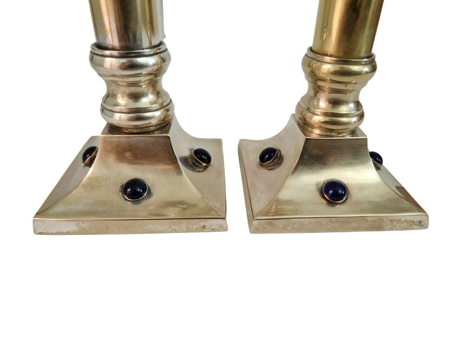 photo furniture French Brass And Silver Plate Candle Holder Pair With Sapphire Blue Glass Cabochons