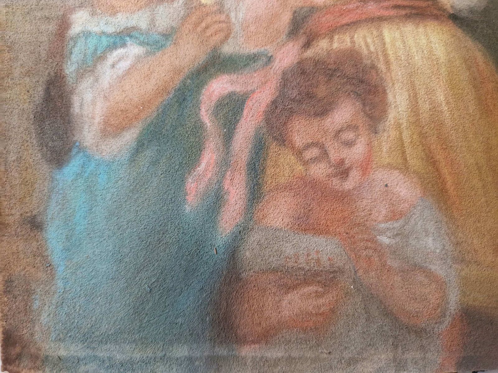 19th Century Children Portrait Oil Pastel Drawing, photo vintage