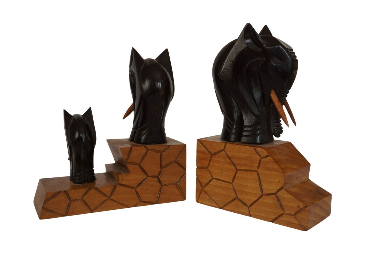 French Carved Wood Elephant Figurine Bookends, Safari Animal Statues photo for sale