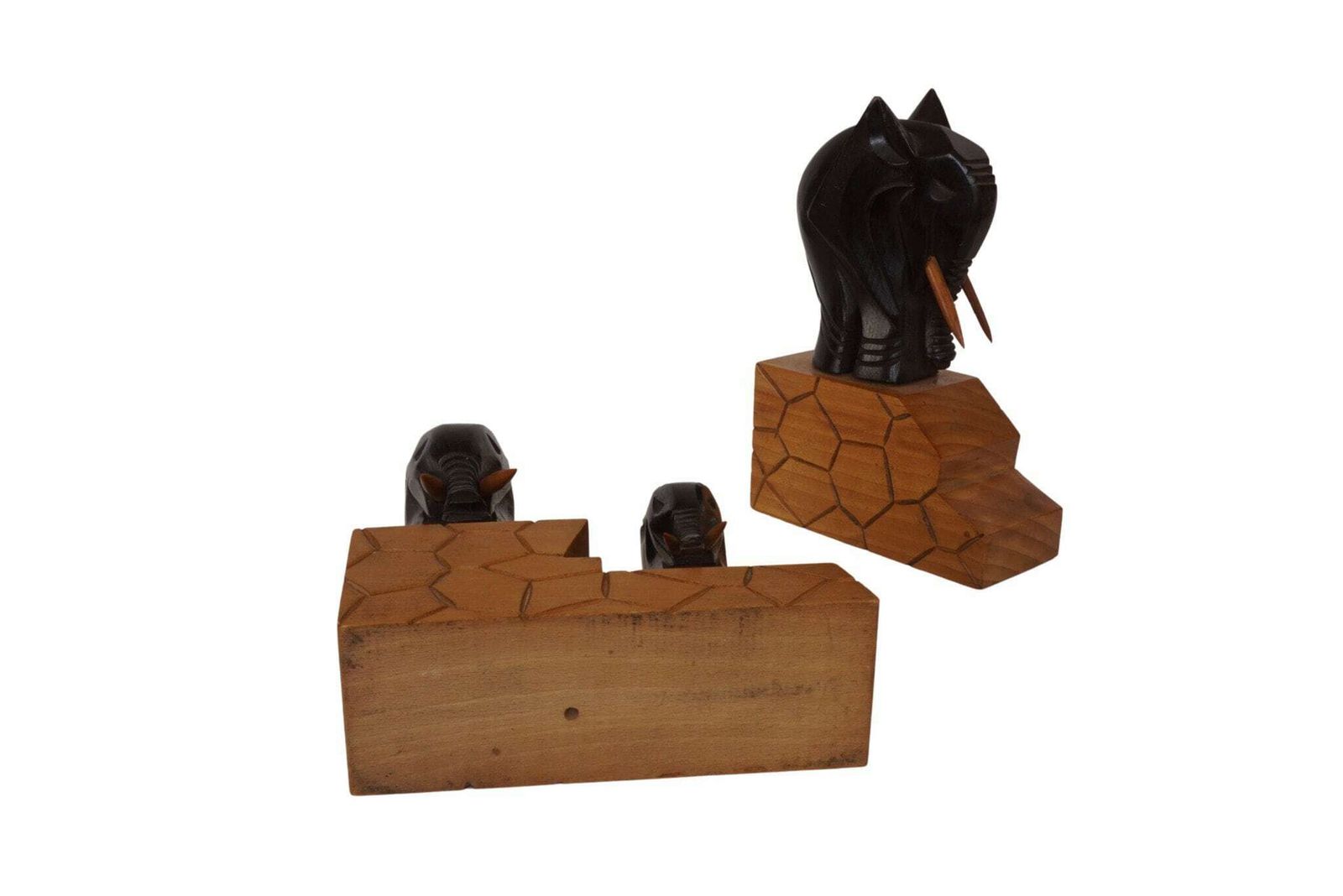 French Carved Wood Elephant Figurine Bookends, Safari Animal Statues photo vintage