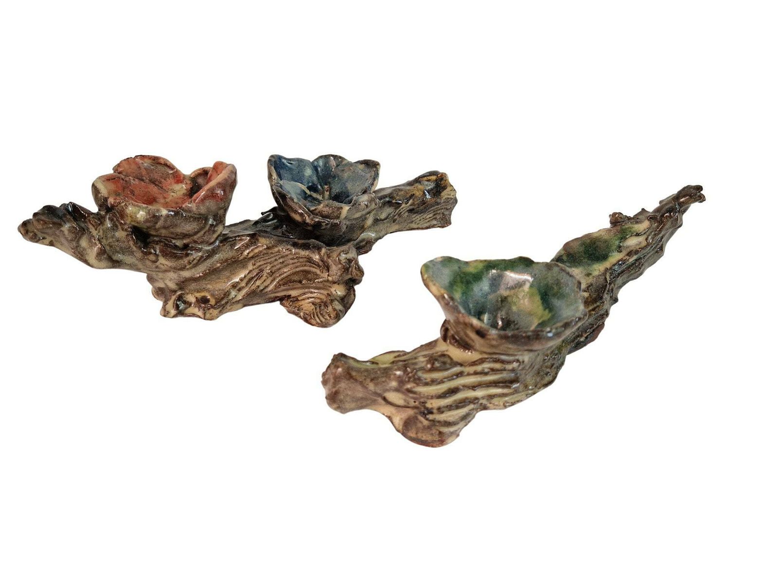 Hand Made Pottery Flower Tealight Candleholder Pair, French Glazed Ceramic Table Decor photo furniture