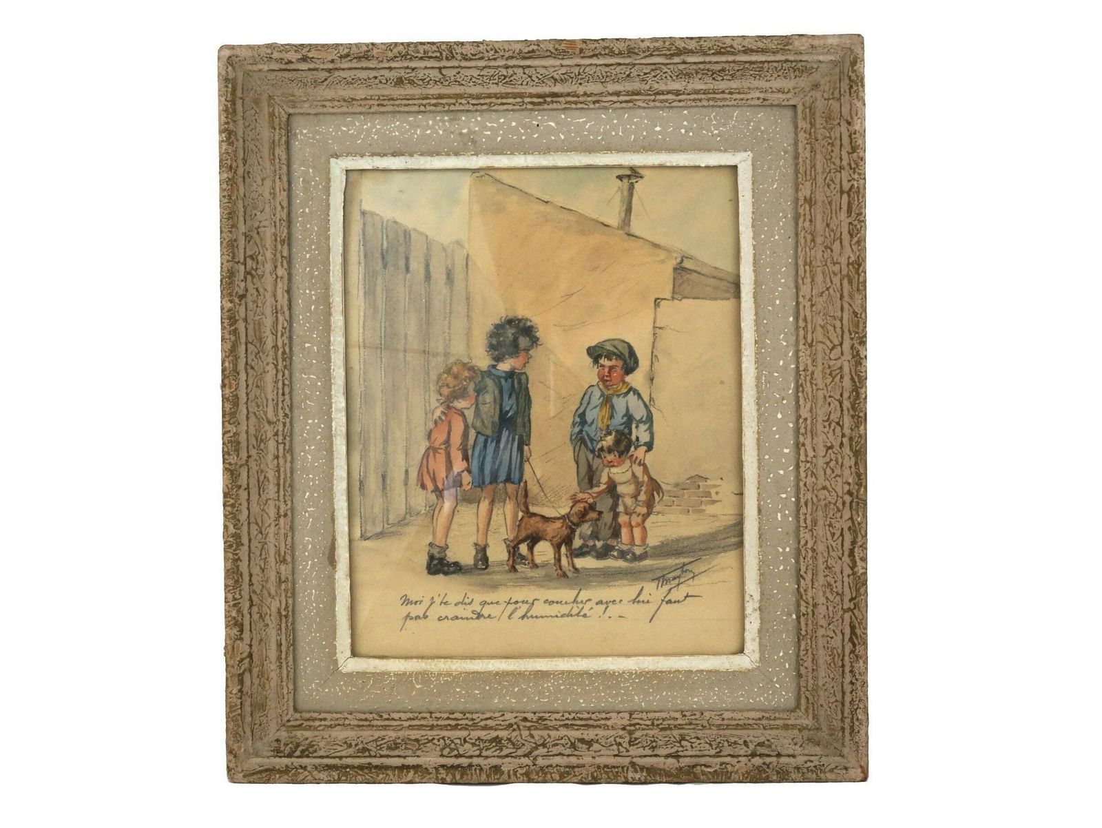 Antique French Drawing Of Street Urchin Children By T Maybon, Humorous Framed Kids And Dog Art