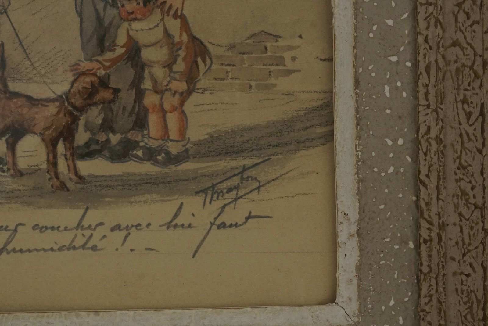 Antique French Drawing Of Street Urchin Children By T Maybon, Humorous Framed Kids And Dog Art photo vintage