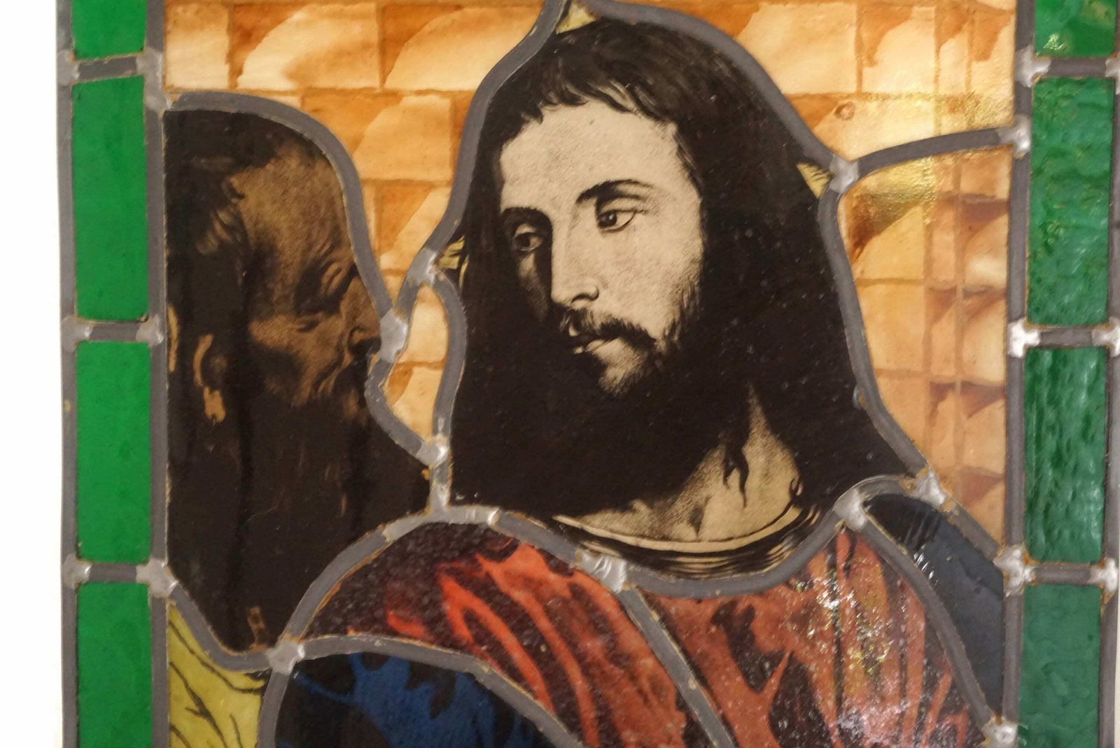 French Religious Stained Glass Panel, Antique Jesus Portrait, The Tribute Money By Titian photo Art