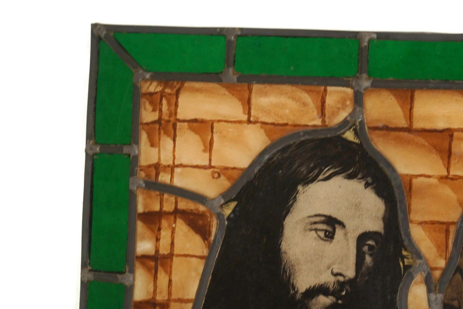 photo for sale French Religious Stained Glass Panel, Antique Jesus Portrait, The Tribute Money By Titian