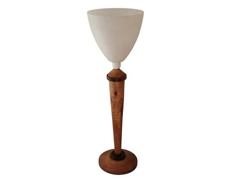 Art Deco Walnut Wood Table Lamp With Tulip Opaline Glass Shade French Mazda Style Light photo for sale