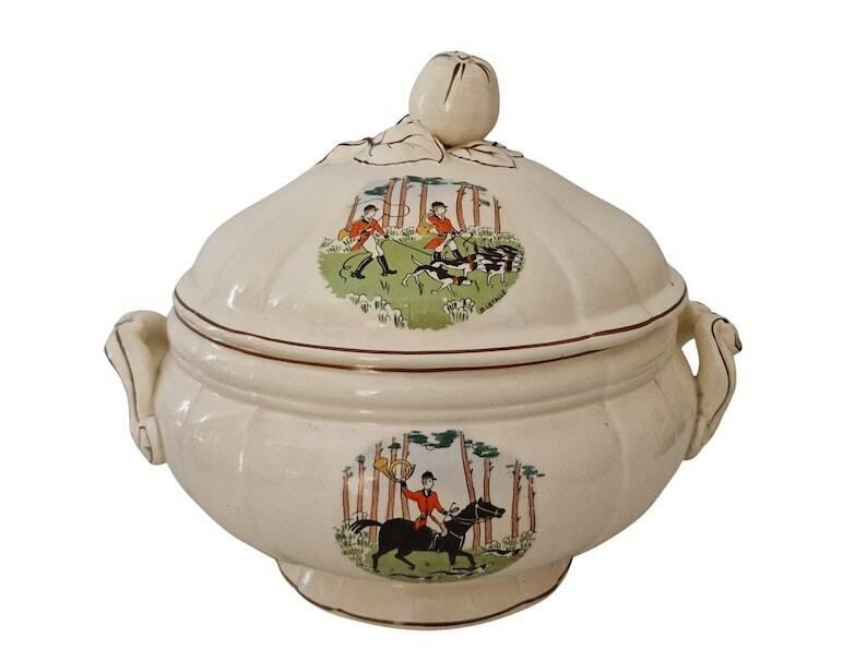 French Faience Soup Tureen With Horse And Hound Fox Hunting Transferware By Sarreguemines, Antique Ceramic Serving Dish With Lid photo Home Decor