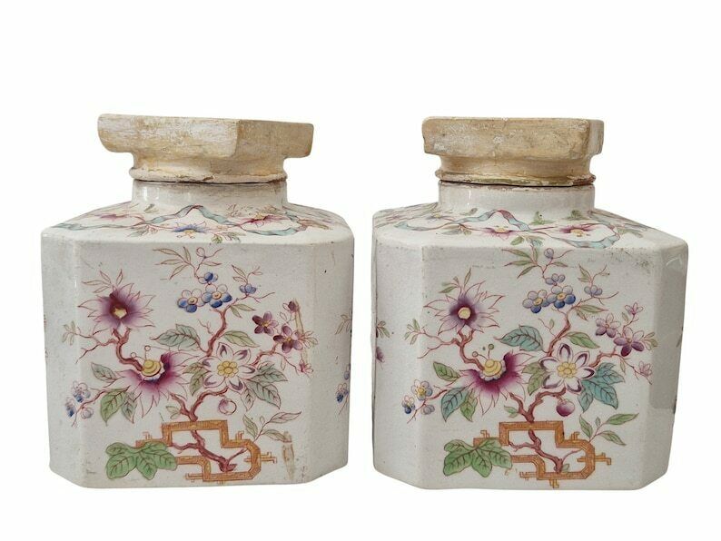 19th Century French Ceramic Bathroom Storage Canister Jars, Set Of 2 With Chinoiseries Style Flowers By Sarreguemines In China Pattern photo furniture