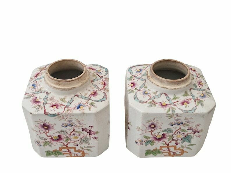 19th Century French Ceramic Bathroom Storage Canister Jars, Set Of 2 With Chinoiseries Style Flowers By Sarreguemines In China Pattern photo buy