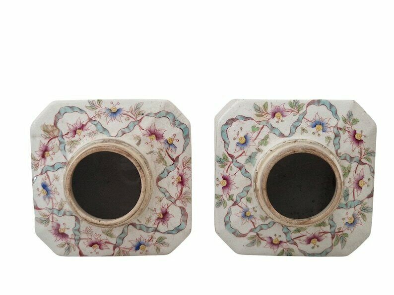 19th Century French Ceramic Bathroom Storage Canister Jars, Set Of 2 With Chinoiseries Style Flowers By Sarreguemines In China Pattern photo vintage