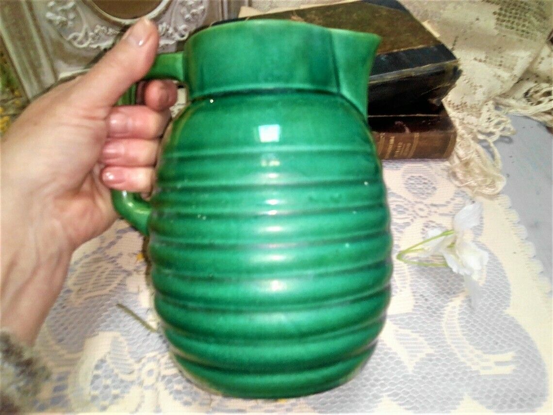 Vintage French Art Deco Green Glazed Majolica Pitcher, Mid Green Jug, Glazed Ceramic Vase photo for sale