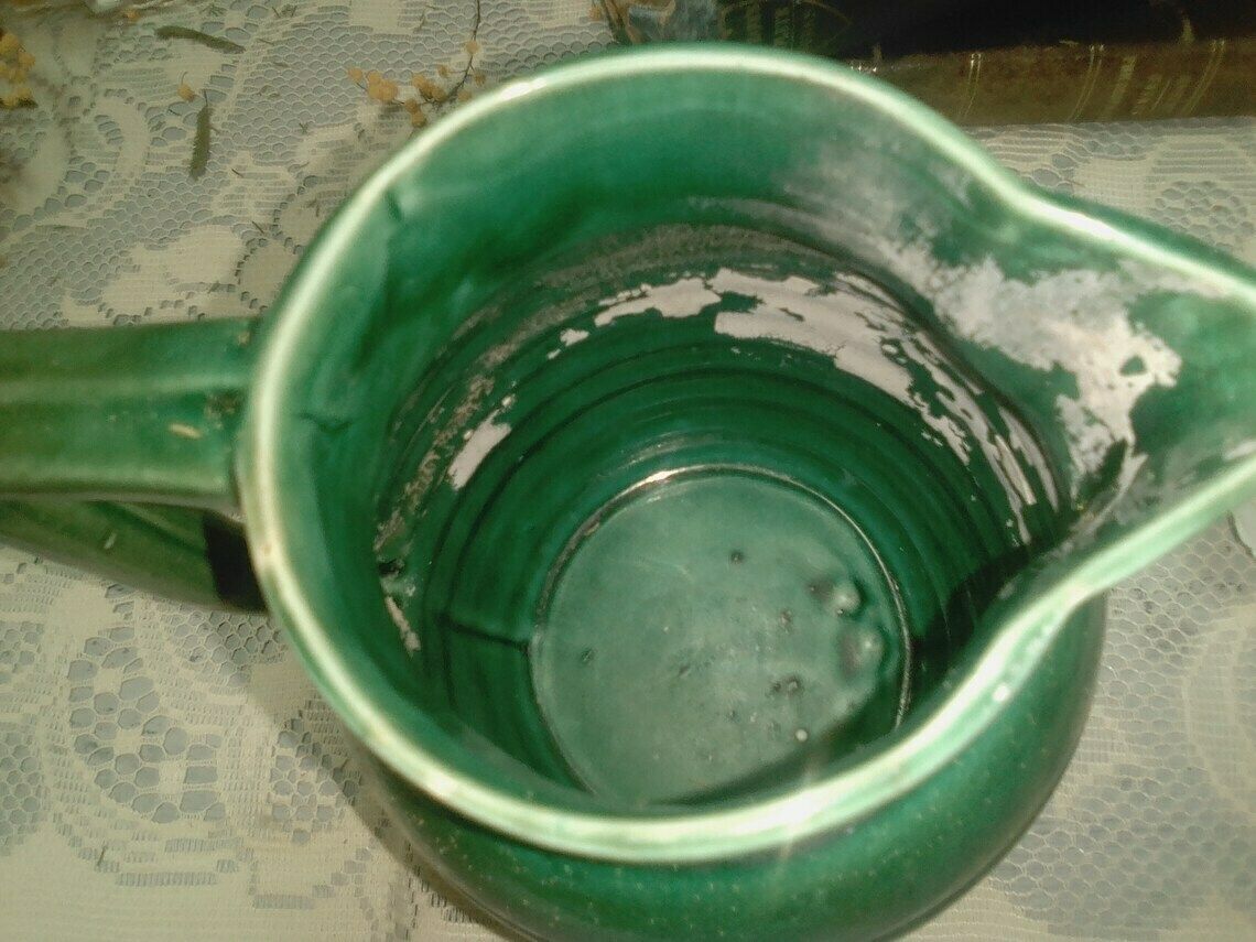 Vintage French Art Deco Green Glazed Majolica Pitcher, Mid Green Jug, Glazed Ceramic Vase photo vinterior