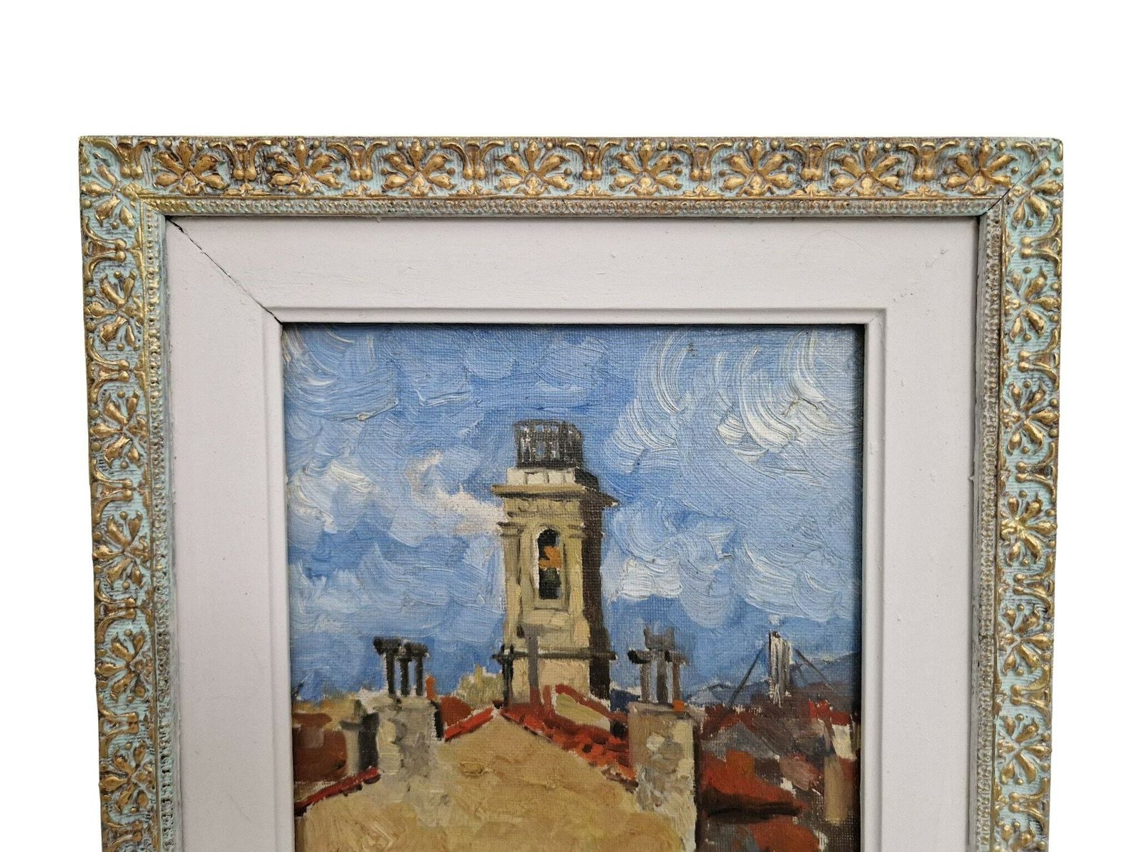 French Provencal Village Painting With Belfry Bell Tower, Original Framed And Signed Art photo Art