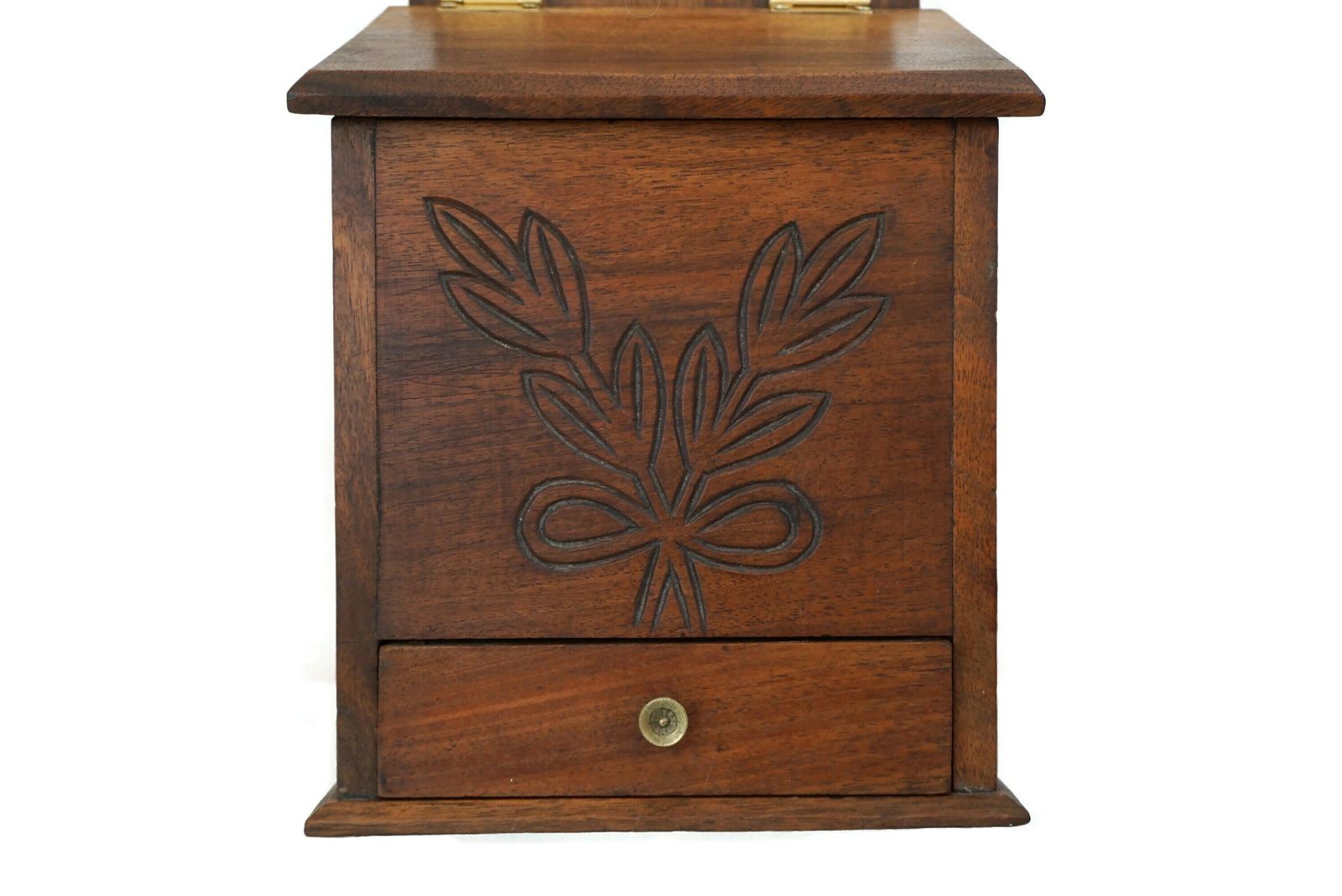 French Carved Wood Salt Box, Rustic Provencal Kitchen Storage Canister photo vintage