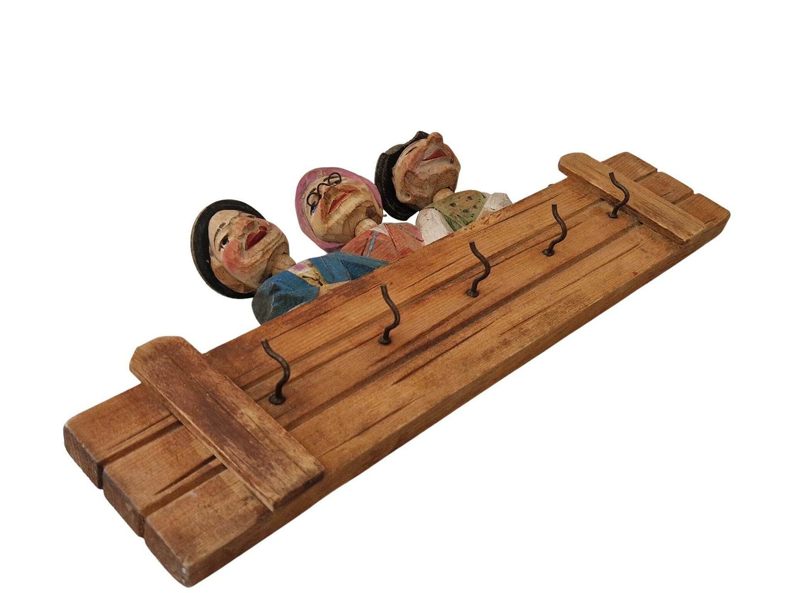 Anri Hand Carved Key Holder Hooks Bobble Head Figurines, Vintage Bar Wall Decor photo vintage