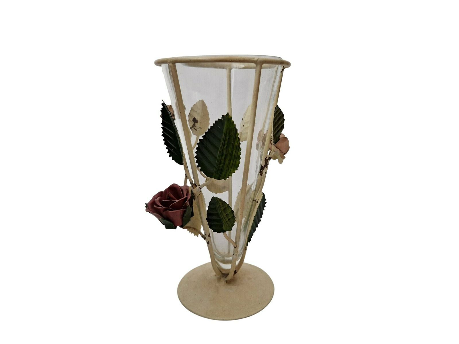 Tole Flower Glass Cone Vase With Metal Rose And Leaf Stand photo furniture
