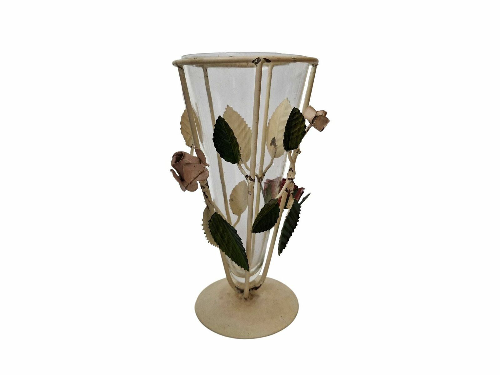 Tole Flower Glass Cone Vase With Metal Rose And Leaf Stand photo vinterior