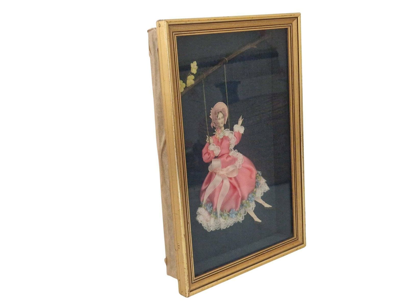 French Victorian Fashion Shadow Box, Lady On Swing In Hand Made Diorama photo furniture