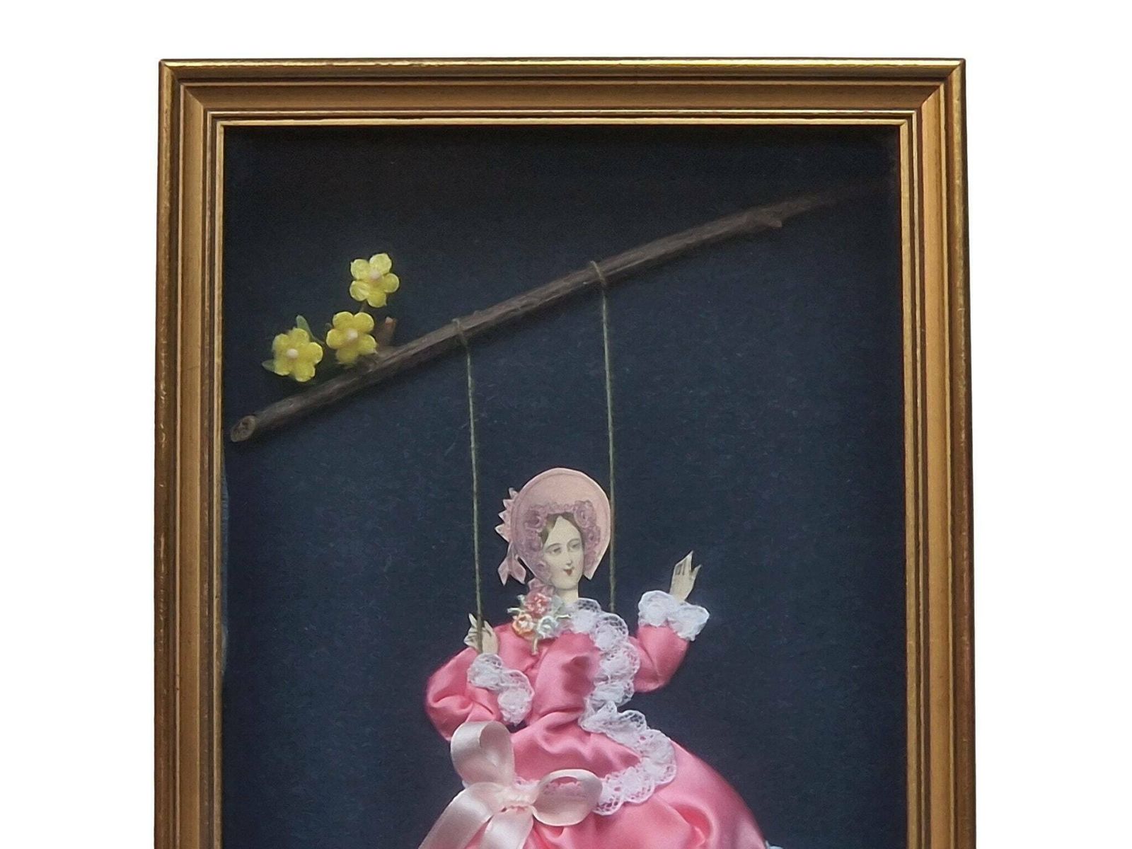 French Victorian Fashion Shadow Box, Lady On Swing In Hand Made Diorama photo for sale