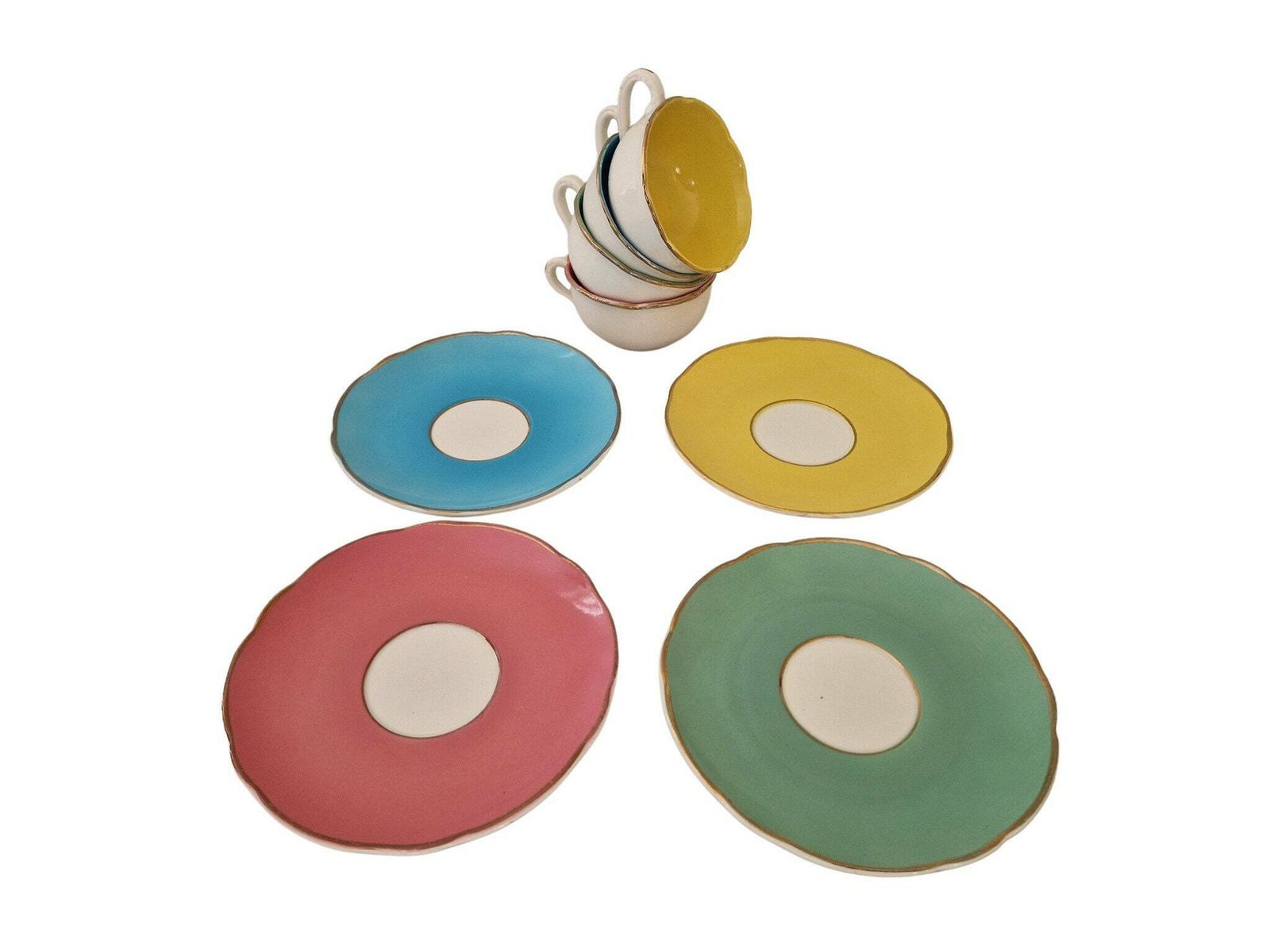 1950s Pastel Cups And Saucers Set Of 4, Mid Century French French Porcelain Demitasse Coffee Set By Digoin Sarreguemines photo Home Decor