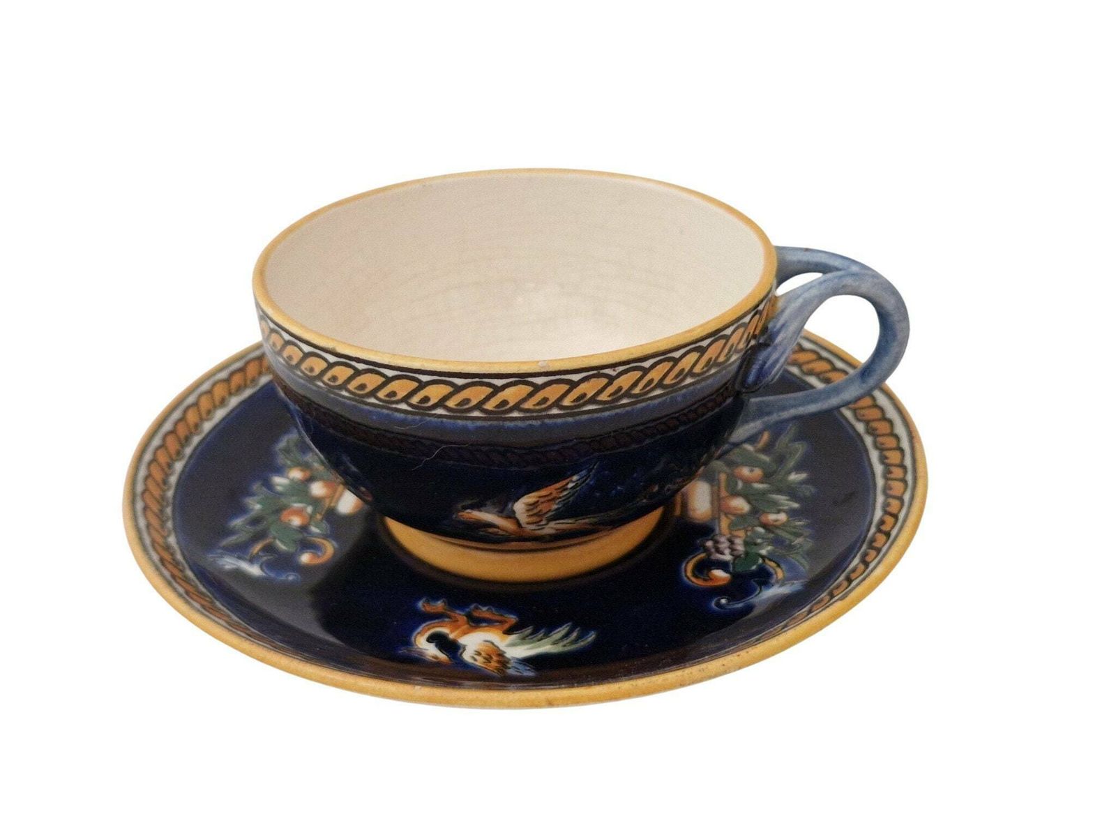 Gien Blue Renaissance Tea Cup And Saucer Set With Hand Painted Mythology Pattern, French Faience