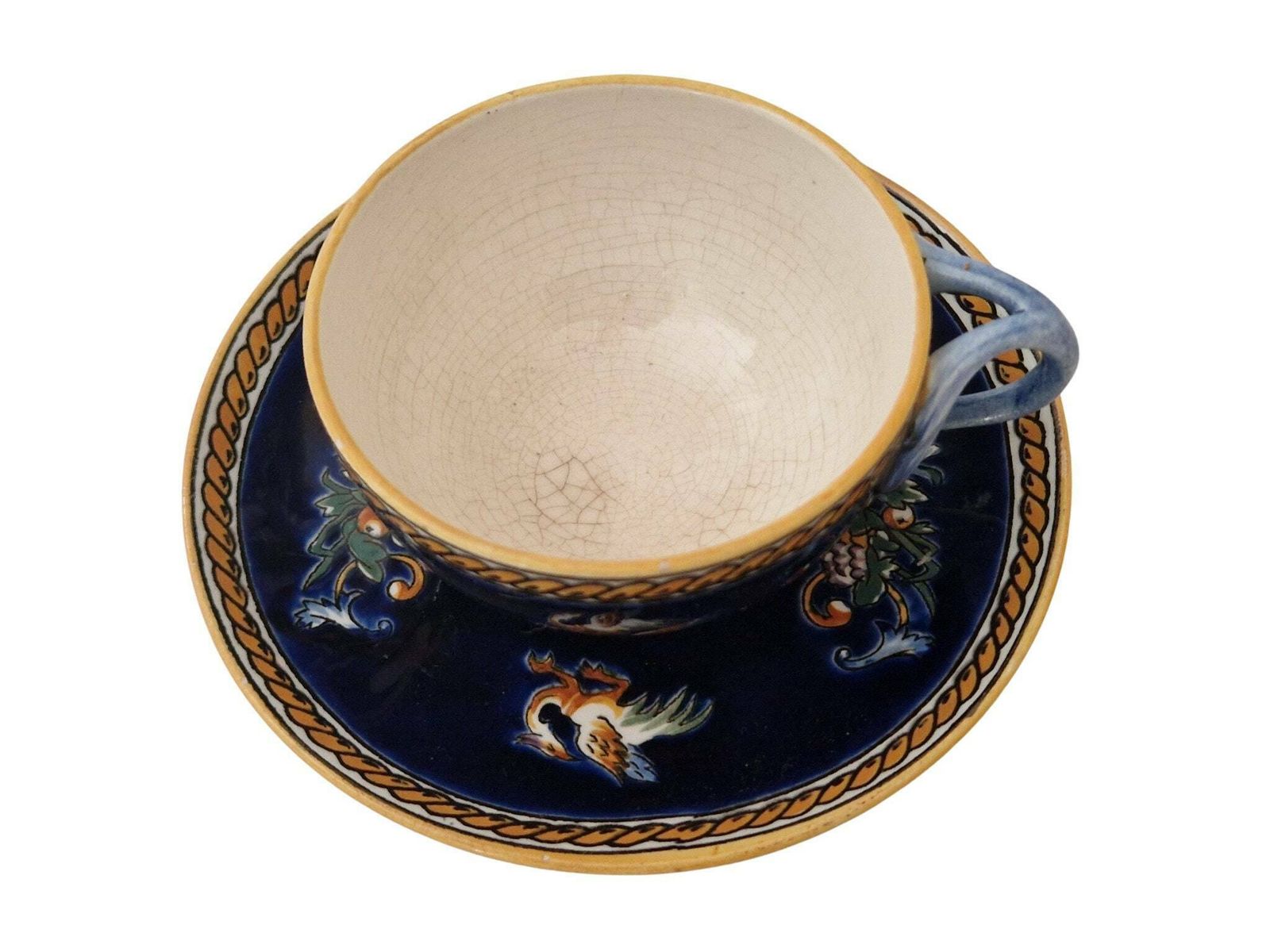 Gien Blue Renaissance Tea Cup And Saucer Set With Hand Painted Mythology Pattern, French Faience photo furniture