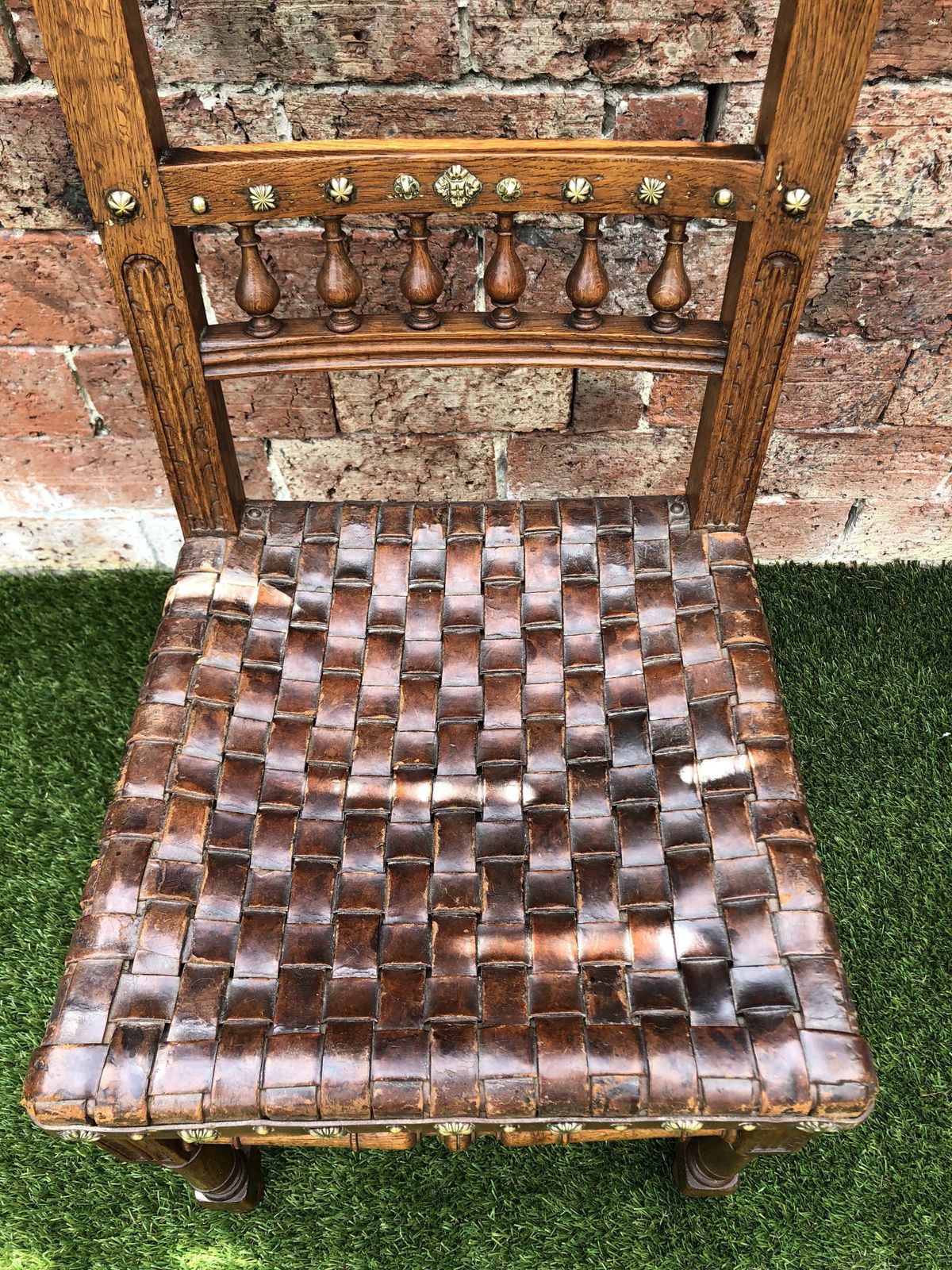 The Arts & Craft Chair, Unusual Antique Oak Lions Head Carved Leather Webbed Seat Chair With Brass Studding. photo Furniture