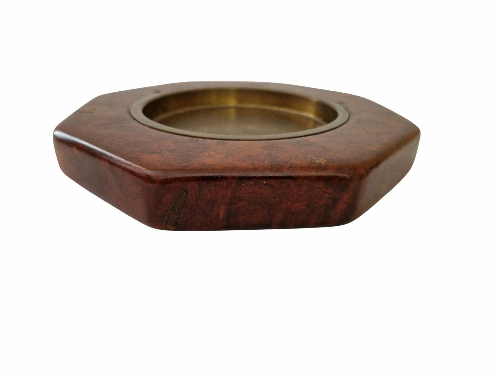 Midcentury Burlwood And Brass Coin Dish And Catchall Tray, Wooden Desk Organizer With Advertising For French Total Energy Company photo for sale