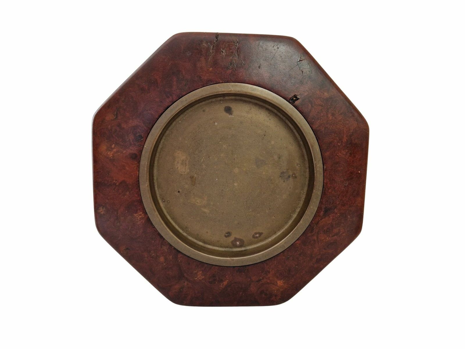 Midcentury Burlwood And Brass Coin Dish And Catchall Tray, Wooden Desk Organizer With Advertising For French Total Energy Company photo 132.0