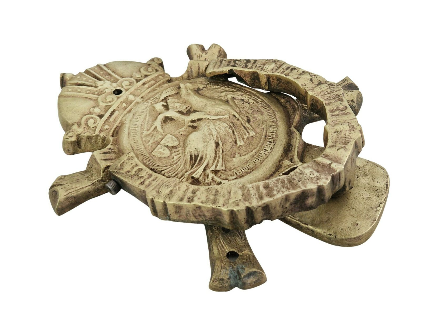 Antique French Bronze Door Knocker With Templar Knight On Horseback, Horseshoe And Crown photo 442.0